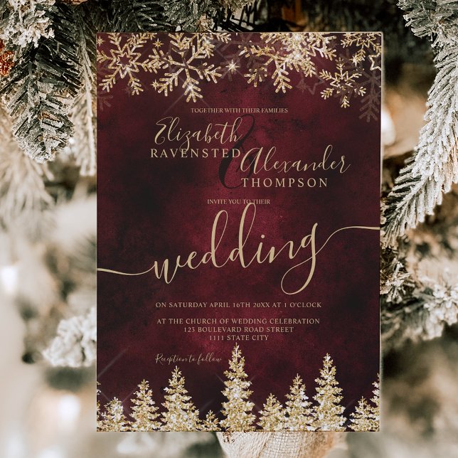 Chic gold Schnee Pine Red Weihnachtsfest Einladung (Chic gold snow pine red Christmas winter wedding Invitation)