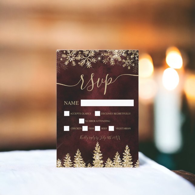 Chic gold Schnee Pine Roter Weihnachtsfest uAwg RSVP Karte (Chic gold snow pine red Christmas winter rsvp)