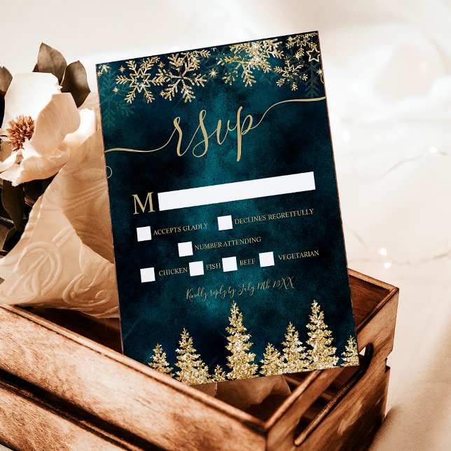 Chic gold Schneekiefer grün Weihnachten uAwg RSVP Karte (Chic gold snow pine green Christmas winter rsvp)