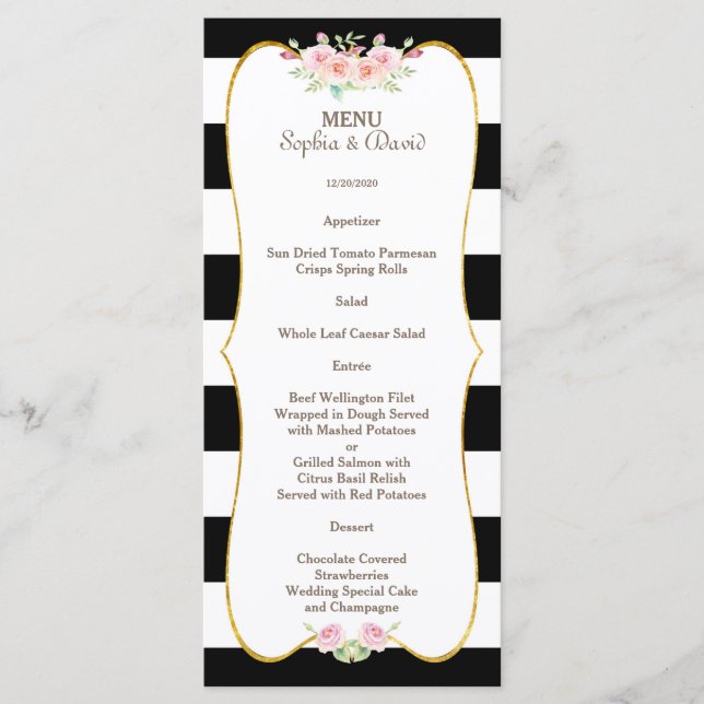 Chic Gold Schwarz-weiß Stripes Blume Hochzeitsmenü Menükarte (Vorderseite)