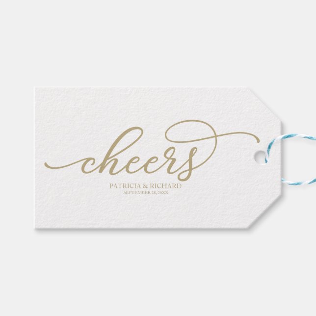 Chic Gold Script Cheers Weinflaschen Tags Geschenkanhänger (Vorderseite (Horizontal))