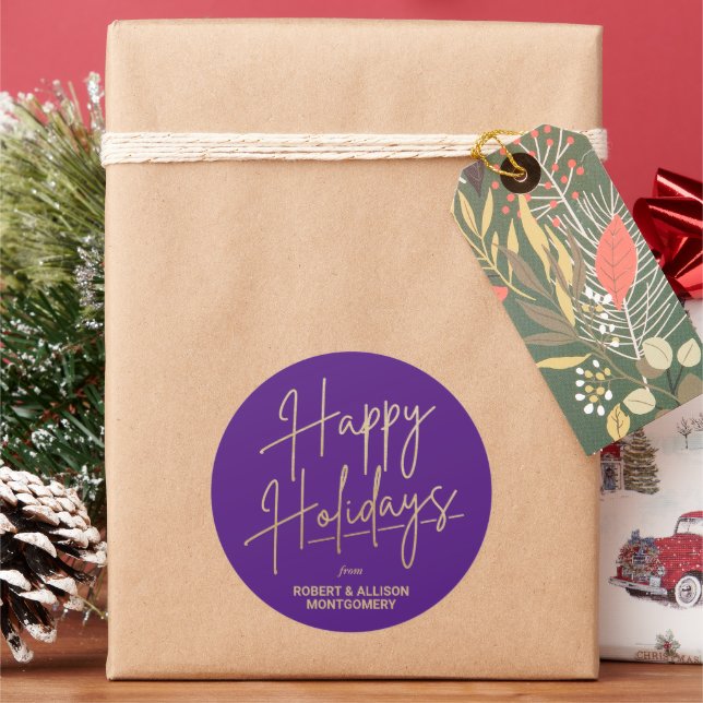 Chic Gold Script Happy Holidays Purple Runder Aufkleber (Feiertag)