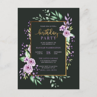 Chic Gold Script Lila Botanische Geburtstagsparty Einladungspostkarte