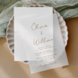 Chic Gold Script Minimalistisch Wedding<br><div class="desc">Chic Vellum Hochzeitseinladung mit minimalistischem Flair mit den Namen der Braut und des Bräutigams in einer goldenen Kalligraphie-Schrift und Ihren Hochzeitsdetails in moderner Goldschrift. Passen Sie die Größe des Skript-Schriftartes im Entwurfstool für längere oder kürzere Namen an, falls gewünscht. Pair es mit Ihrem Lieblings-Foto oder einem unserer korrespondierenden Solid- oder...</div>