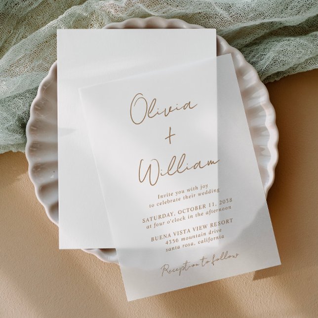 Chic Gold Script Minimalistisch Wedding (Elevate your wedding invitations with the timeless beauty of vellum overlays)