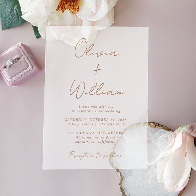 Chic Gold Script Minimalistisch Wedding Mattiert Acryleinladungen (Make your wedding unforgettable with stunning acrylic invitations—modern, elegant, unique!)