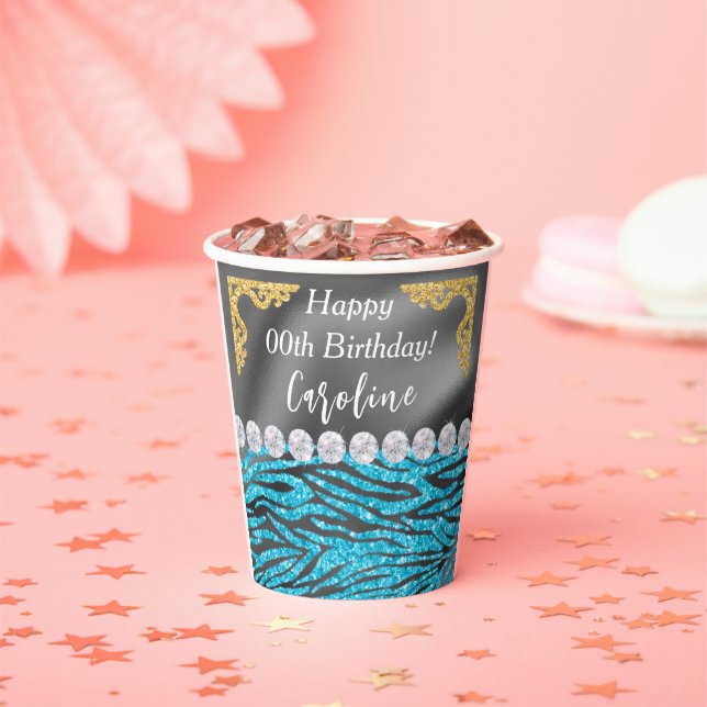Chic Gold Silver Foil Blue Zebra Print Birthday Pappbecher (Insitu)
