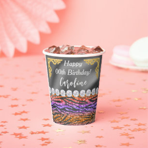 Chic Gold Silver Foil Orange Zebra Print Birthday Pappbecher