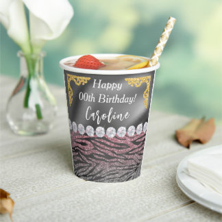 Chic Gold Silver Foil Rosa Zebra Print Birthday Pappbecher