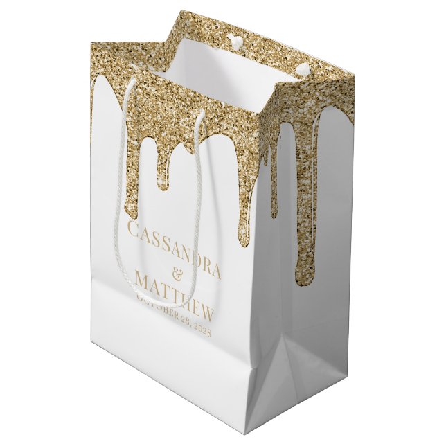 Chic Gold Sparkle Glitzer Tropfen Hochzeit Mittlere Geschenktüte (Vorderseite Schrägansicht)