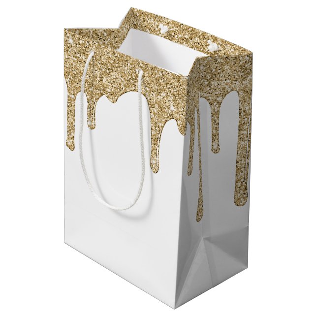 Chic Gold Sparkle Glitzer Tropfen Mittlere Geschenktüte (Rückseite Schrägansicht)