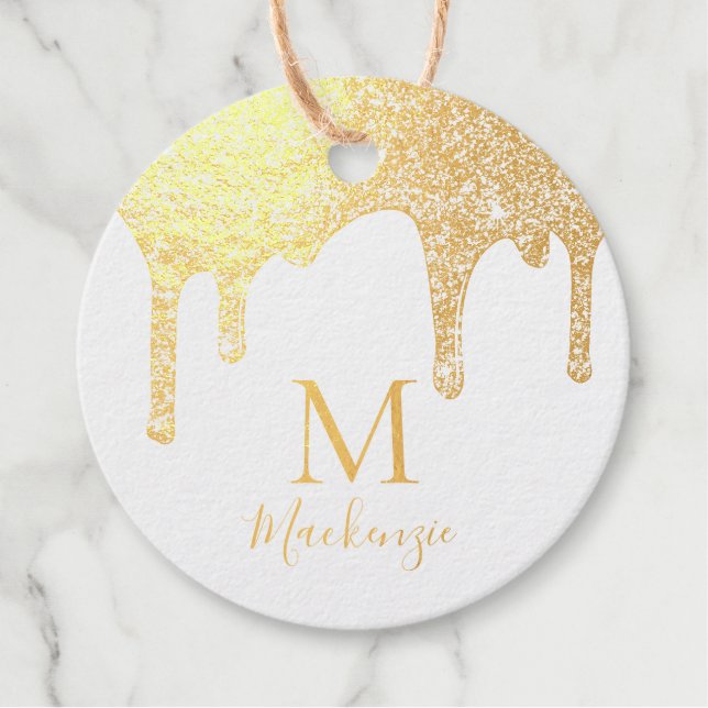 Chic Gold Sparkle Glitzer Tropfen Monogram Geschenkanhänger (Vorderseite)