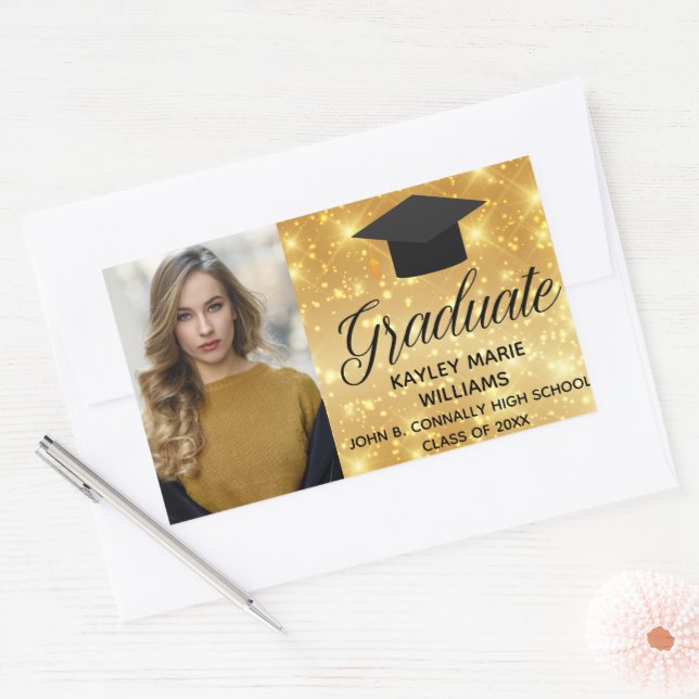 Chic Gold Sparkle Graduate Foto Custom Rechteckiger Aufkleber (Umschlag)