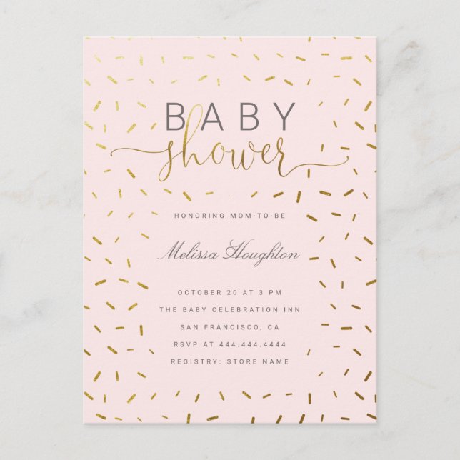 Chic Gold Sprinkle Confetti & Pink Baby Dusche Einladungspostkarte (Vorderseite)