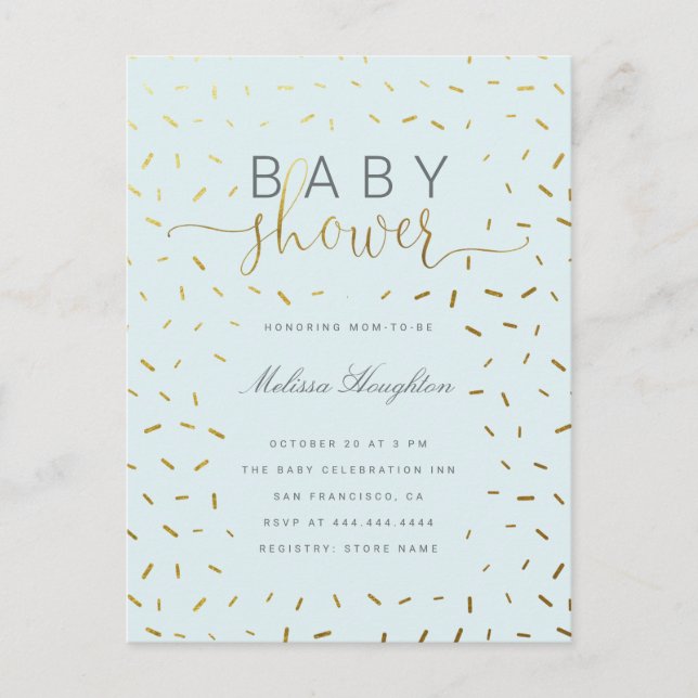 Chic Gold Sprinkle Confetti Script Baby Dusche Einladungspostkarte (Vorderseite)
