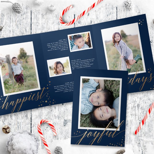 Chic Gold Stardust Tri-fold Navy Christmas Photo (Créateur téléchargé)