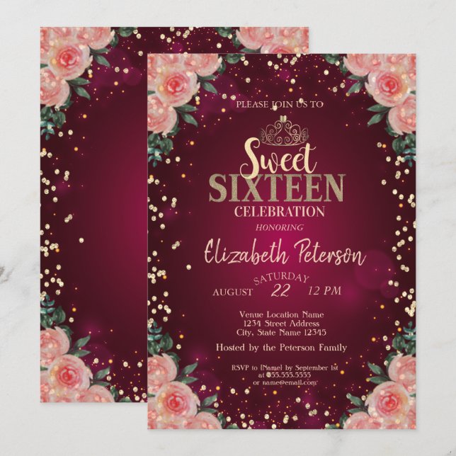 Chic Gold Tiara, Diamonds Burgundy Floral Sweet 16 Einladung (Vorne/Hinten)
