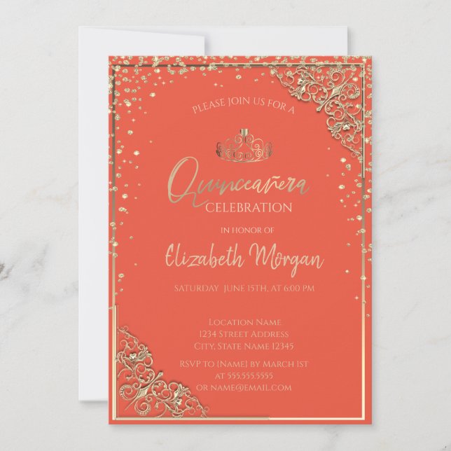 Chic Gold Tiara, Diamonds Orange Quinceañera Einladung (Vorderseite)