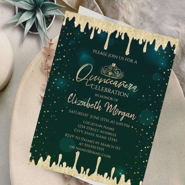 Chic Gold Tiara, Glitzer Tropfen Green Quinceañera Einladung (Von Creator hochgeladen)