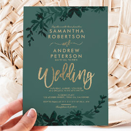 Chic Gold Typografie Blumengrün Hochzeit Einladung
