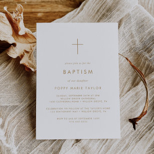 Chic Gold Typografie Cross Baptisse Einladung