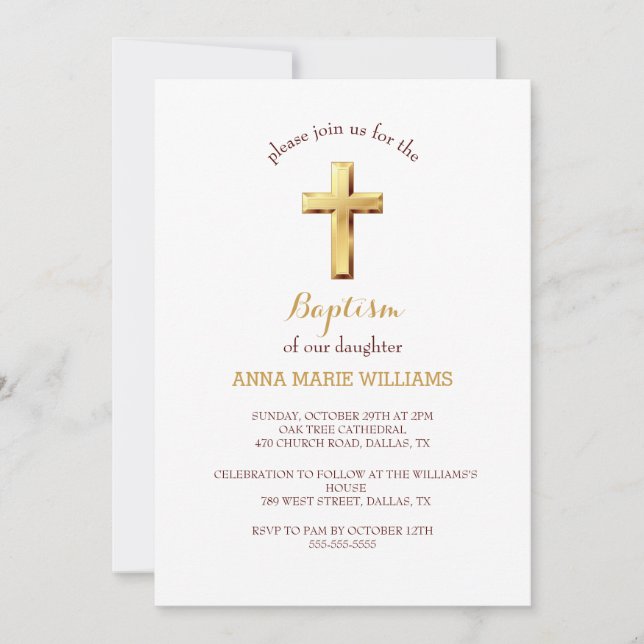 Chic Gold Typografie Minimalistische Cross Baptiss Einladung (Vorderseite)