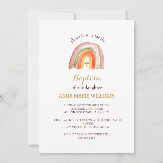 Chic Gold Typografie Minimalistische Cross Baptiss Einladung (Vorderseite)