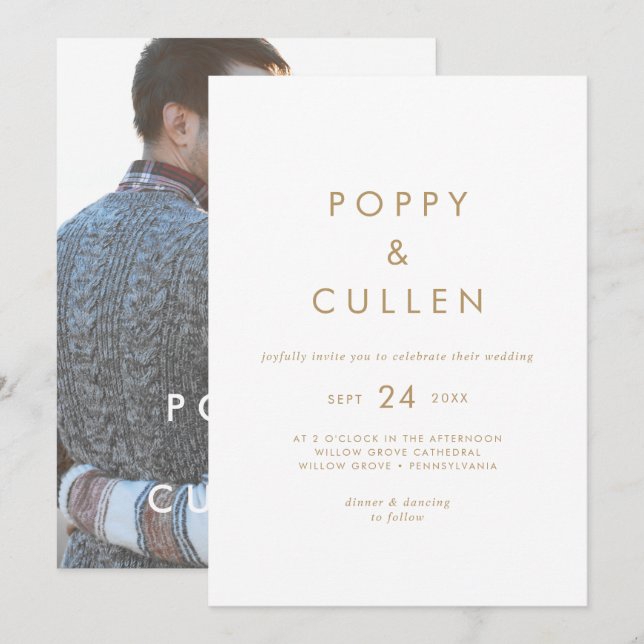 Chic Gold Typografy Foto Hochzeit Einladung (Vorne/Hinten)