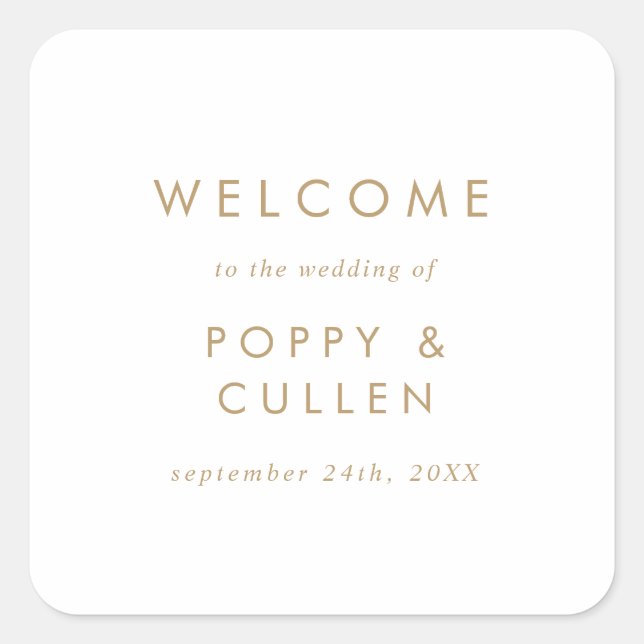 Chic Gold Typografy Wedding Willkommen Quadratischer Aufkleber (Vorderseite)