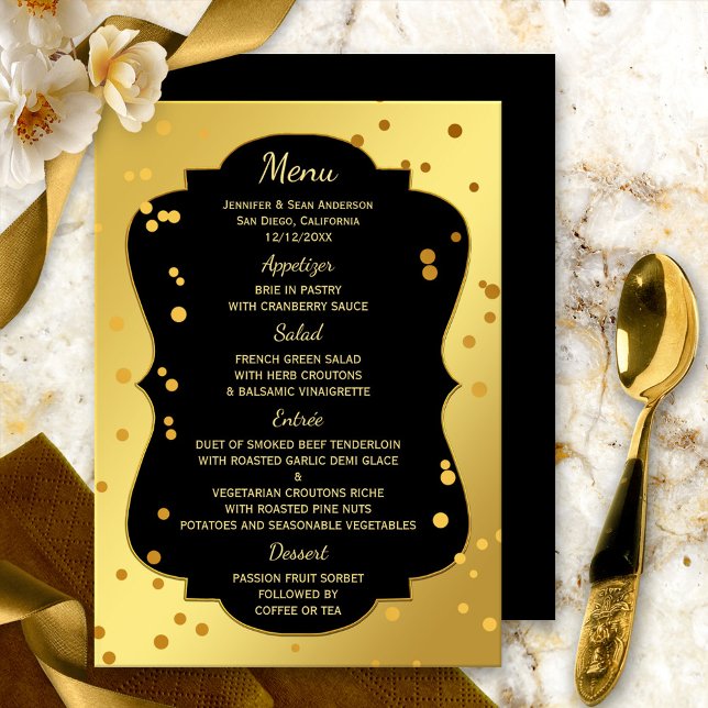 Chic Gold und Black Confetti Menu Card Menükarte (A festive and elegant menu card featuring gold confetti on a gold and black background)