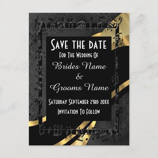 Chic Gold und Black Damask Save the Date Ankündigungspostkarte (Vorderseite)