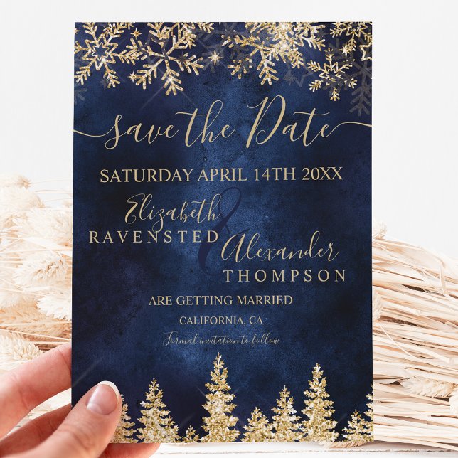 Chic gold verschneit pine marine Weihnachten Save  The Date (Von Creator hochgeladen)