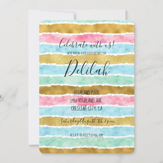 Chic Gold Watercolor Streifen Einladung (Vorderseite)