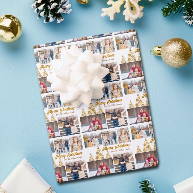 Chic Gold Weihnachtsbaum Familie Foto Collage Geschenkpapier Set (Von Creator hochgeladen)