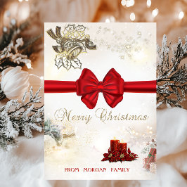 Chic Gold Weihnachtsglocken, Kerzen, Red Bow Feiertagskarte