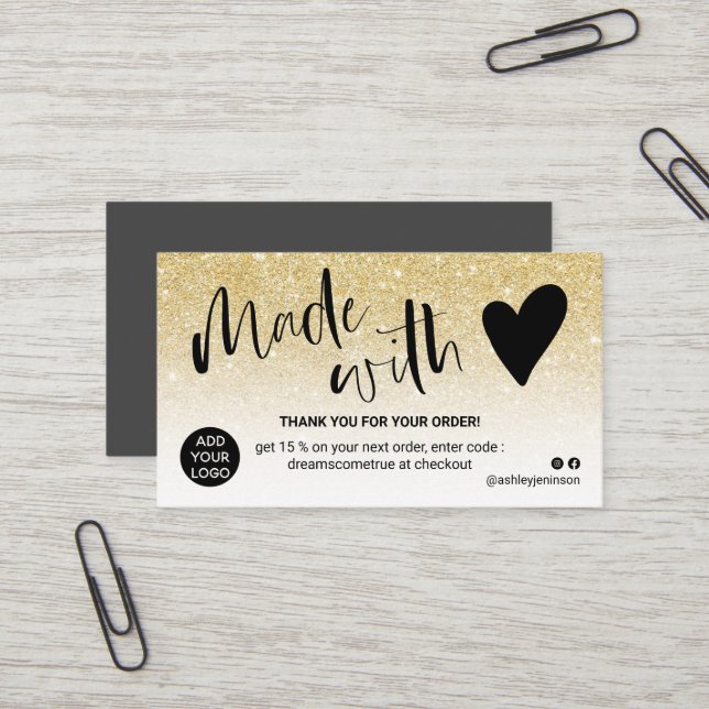 Chic gold weiß danke, dass Sie mit Liebe gemacht Visitenkarte (Vorderseite/Rückseite Beispiel)