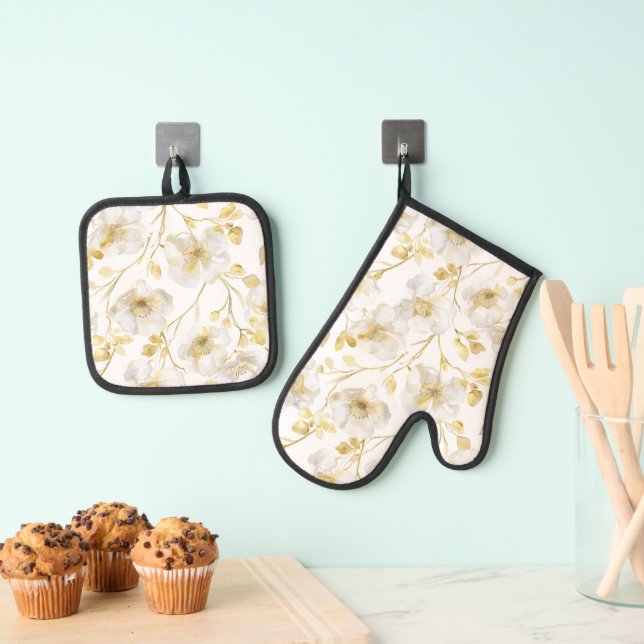 Chic Gold White Blume Brautparty Ofenhandschuh & Topflappen-Set (Insitu (Hängend))