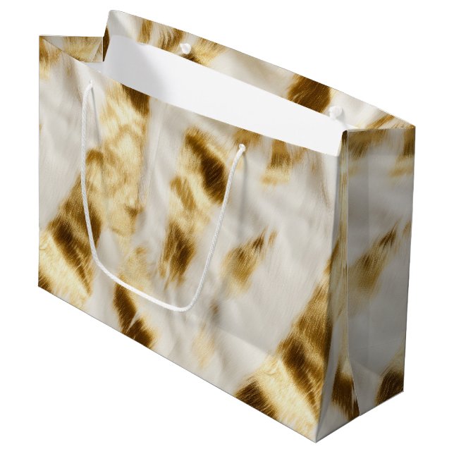 Chic Gold White Cowhide Western Große Geschenktüte (Vorderseite Schrägansicht)