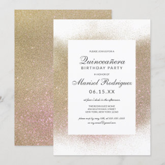 Chic Gold White Glitzer Staubgrenzenquinceñera Einladung