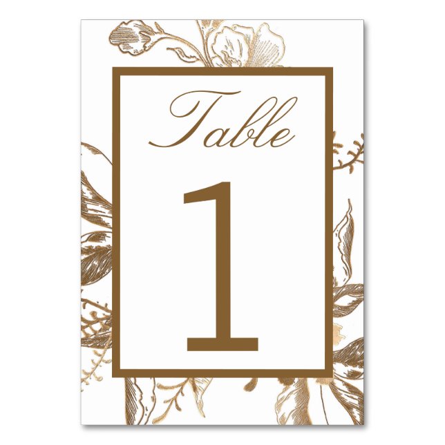 Chic Gold & White Imitats Metal Floral Wedding Tischnummer (Vorderseite)