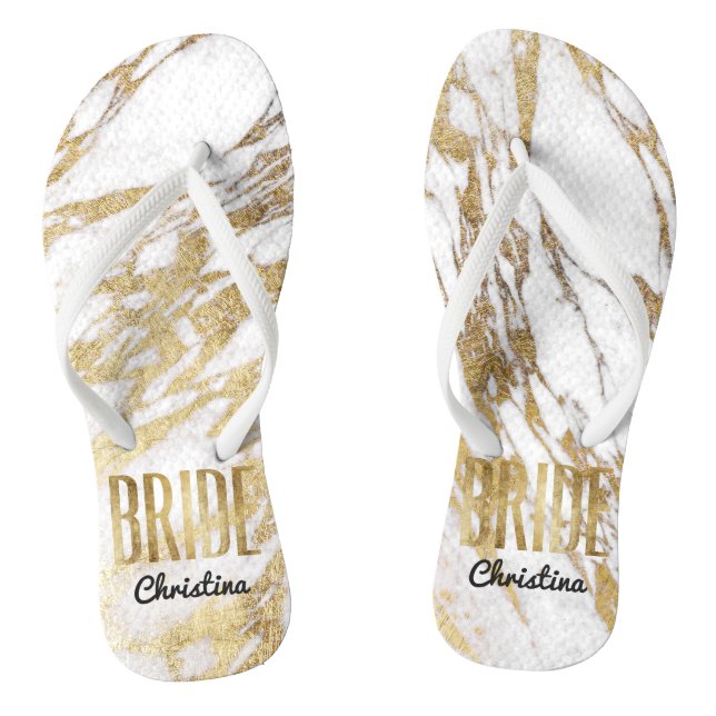 Chic Gold White Marble Bride Wedding Bachelorette Flip Flops (Fußbett)