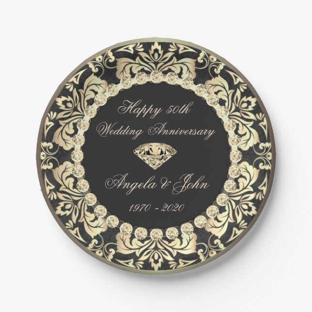 Chic Gold Wirbel Diamonds 50th Wedding Anniversar Pappteller (Vorderseite)