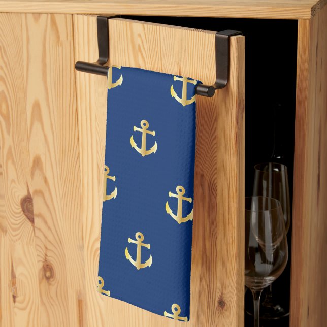Chic Gold Yellow Anchor Muster auf dunkelblau Handtuch (Drittel gefaltet)
