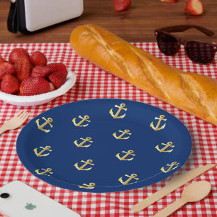 Chic Gold Yellow Nautical Anchors Pattern auf blau Pappteller