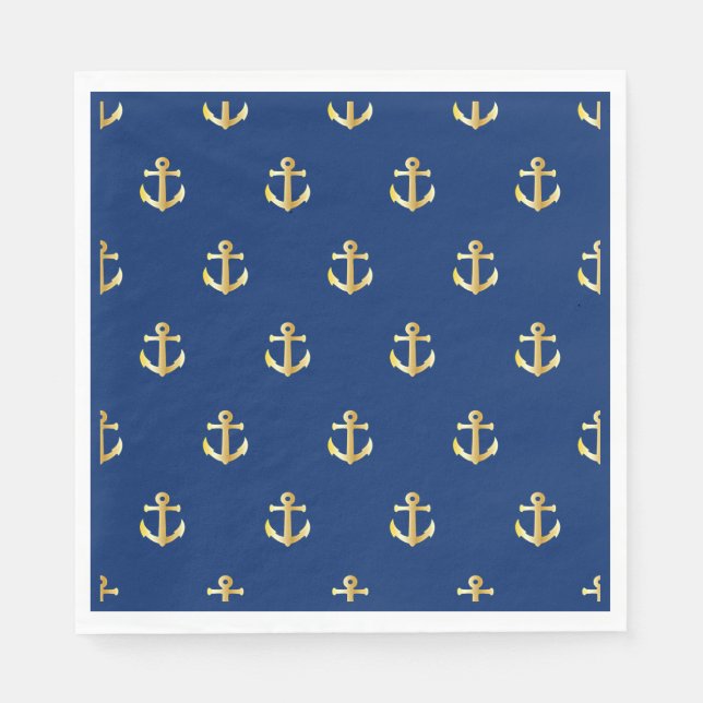 Chic Gold Yellow Nautical Anchors Pattern auf blau Serviette (Vorderseite)