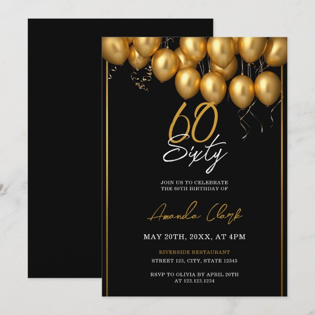 Chic Golden Balloons mit Confetti 60. Geburtstag Einladung (Vorne/Hinten)