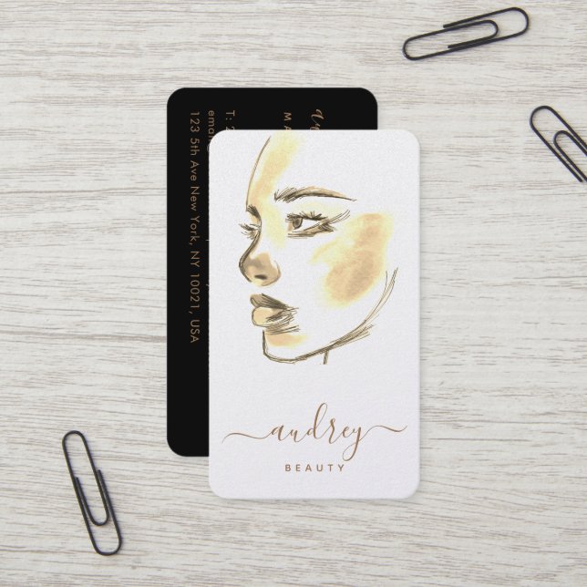 Chic Golden Beauty Watercolor Malskript Visitenkarte (Vorderseite/Rückseite Beispiel)