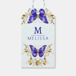Chic Golden Blume & Blue Schmetterlinge mit Monogr Geschenkanhänger