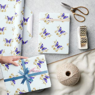Chic Golden Blume & Blue Schmetterlinge mit Monogr Geschenkpapier