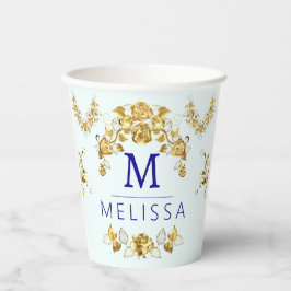 Chic Golden Blume & Blue Schmetterlinge mit Monogr Pappbecher